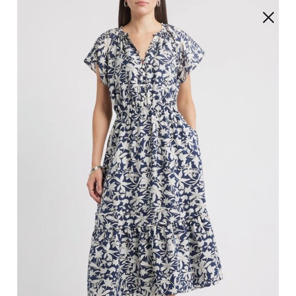 NAVY AND LIGHT TAN  TIERED CASALON MIDI FLORAL DRESS SIZE XL - Picture 1 of 5